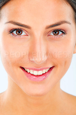 Buy stock photo Face, woman and natural beauty with smile for skincare, wellness and glow with dermatology on white background. Facial, healthy skin and happy in portrait with treatment, self care and cosmetics
