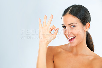 Buy stock photo Woman, portrait and OK hand gesture for beauty, skincare and wellness for agreement with treatment on white background. Mockup space, opinion or vote with sign, like emoji and dermatology approval