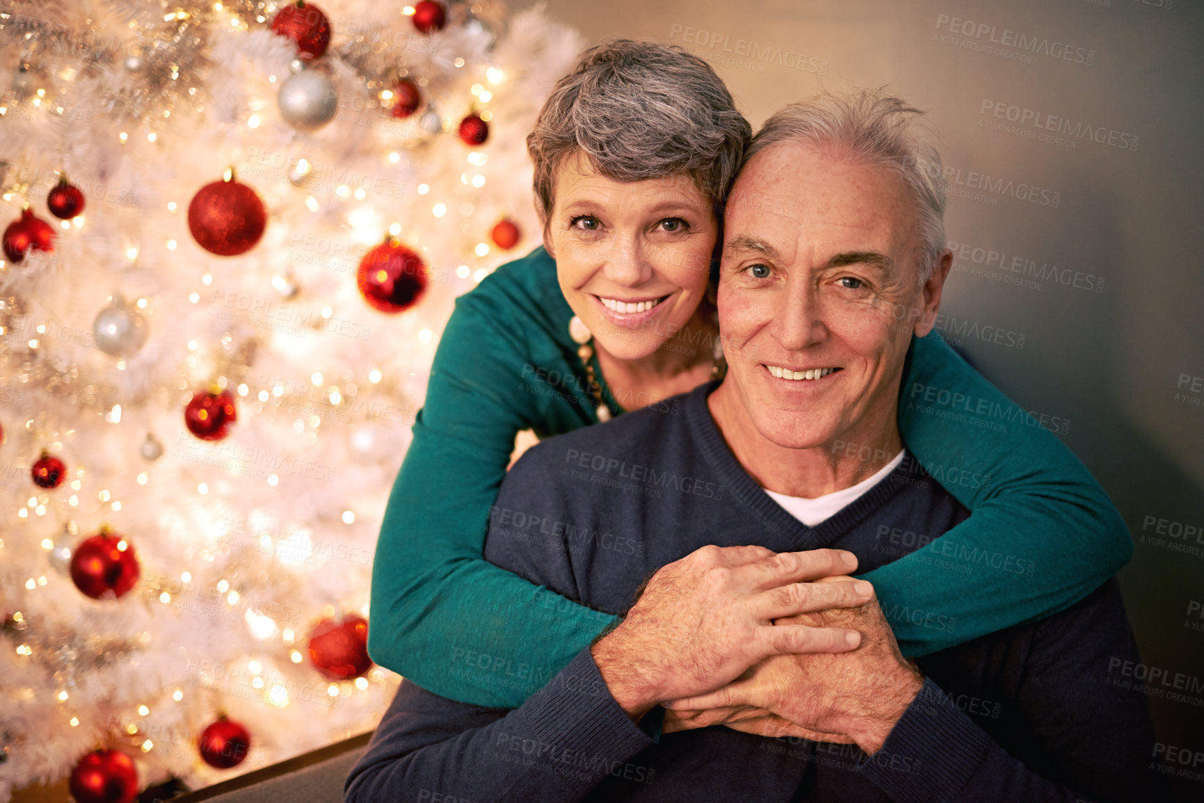 Buy stock photo Christmas, portrait and senior couple hug with love, care and support together in a home on holiday. Tree, retirement and marriage with a smile and happy in a house with celebration and santa hat