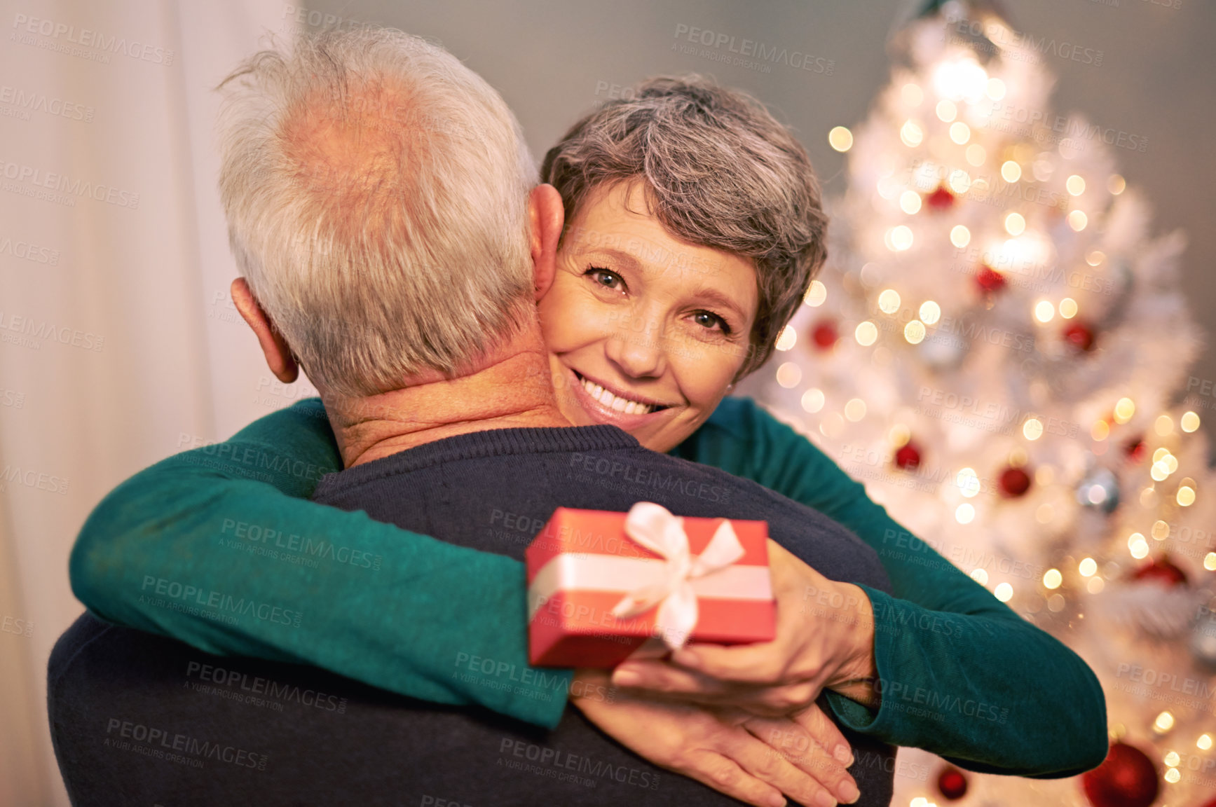 Buy stock photo Christmas, portrait and gift with senior couple with love, care and support together in a home on holiday. Tree, retirement and marriage with a smile and hug in a house with celebration and present