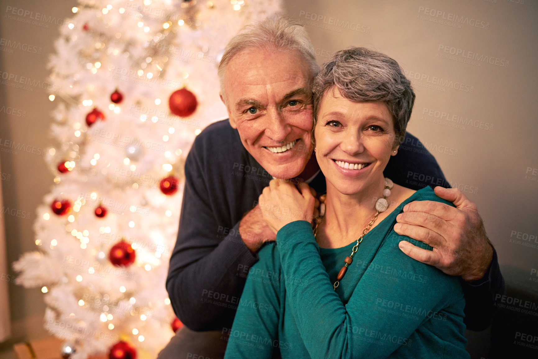 Buy stock photo Christmas, portrait and senior couple with happy, love and support together in a home on holiday. Tree, retirement and marriage with a smile and hug in a house with celebration and santa hat with joy