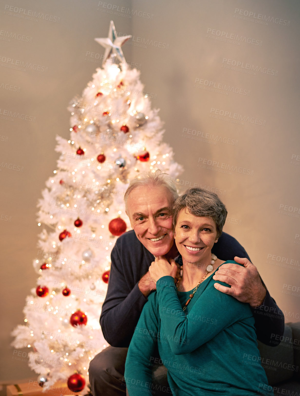 Buy stock photo Cropped portrait of a happy mature couple beside a Christmas tree