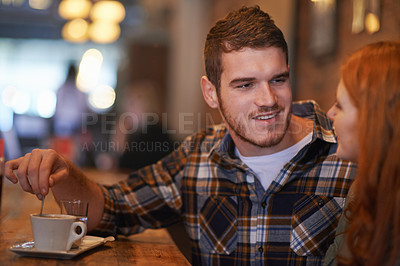 Buy stock photo Couple, happiness and man on date at cafe for bonding, drinks and healthy relationship with relax. Person, woman and romance at coffee shop with smile, beverage and anniversary vacation in New York