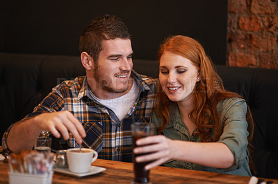 Buy stock photo Couple, happiness and lunch on date at cafe for bonding, drinks and healthy relationship with relax. Man, woman and romance at coffee shop with smile, beverage and anniversary vacation in New York