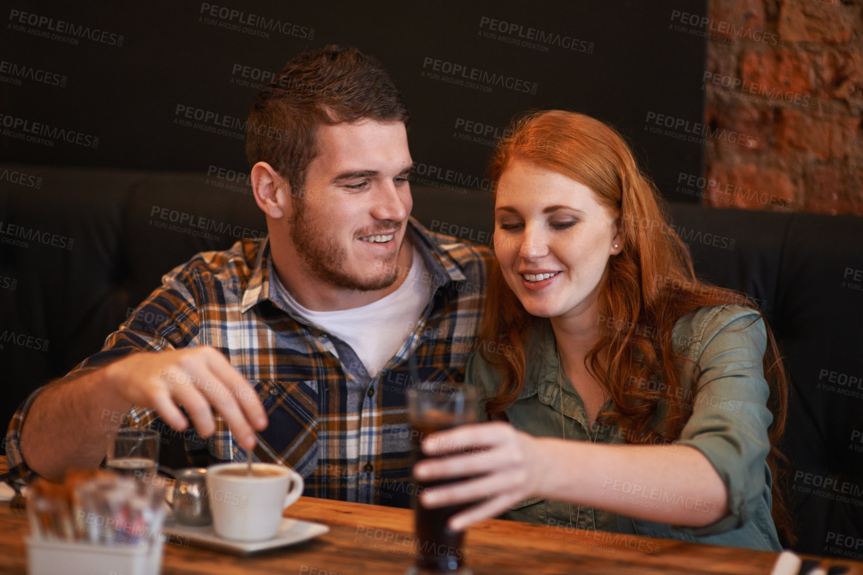 Buy stock photo Couple, happiness and lunch on date at cafe for bonding, drinks and healthy relationship with relax. Man, woman and romance at coffee shop with smile, beverage and anniversary vacation in New York