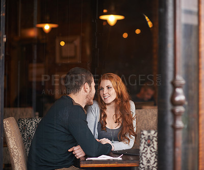 Buy stock photo Couple, smile and holding hands on date at cafe for bonding, romance and healthy relationship with relax. Man, woman and affection at coffee shop with happiness, trust or love on anniversary vacation