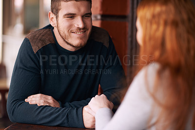 Buy stock photo Couple, man and happiness with holding hands at cafe for bonding, romance or healthy relationship with relax. Date, woman or affection at coffee shop with smile, trust or love on anniversary vacation