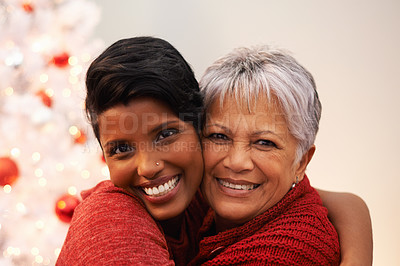 Buy stock photo Senior mother, daughter and hug on Christmas in portrait, happiness with gratitude and love to celebrate holiday. Trust, support and care with women at xmas party in the home, family and bonding