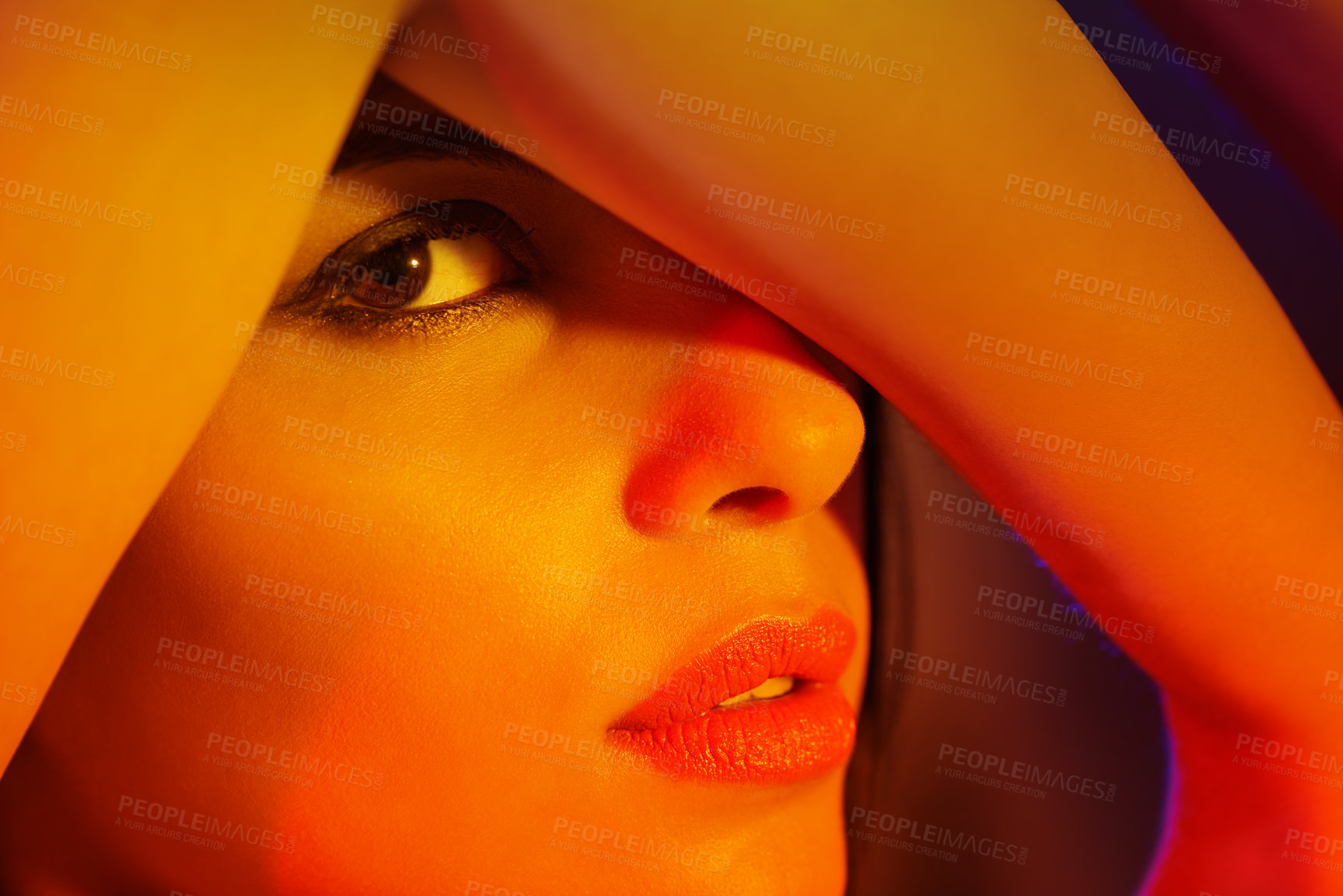 Buy stock photo Studio, woman or portrait in artistic lighting with eye peeping, creativity or cover with arm to hide. Model, cosmetic and creative face for art deco, aesthetic and skincare for dermatology or beauty