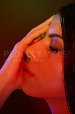 Buy stock photo Studio, model or beauty in artistic lighting with eyes closed, shadow or silhouette of hand on black background. Woman, cosmetic and creative aesthetic for art deco and makeup for skincare or facial