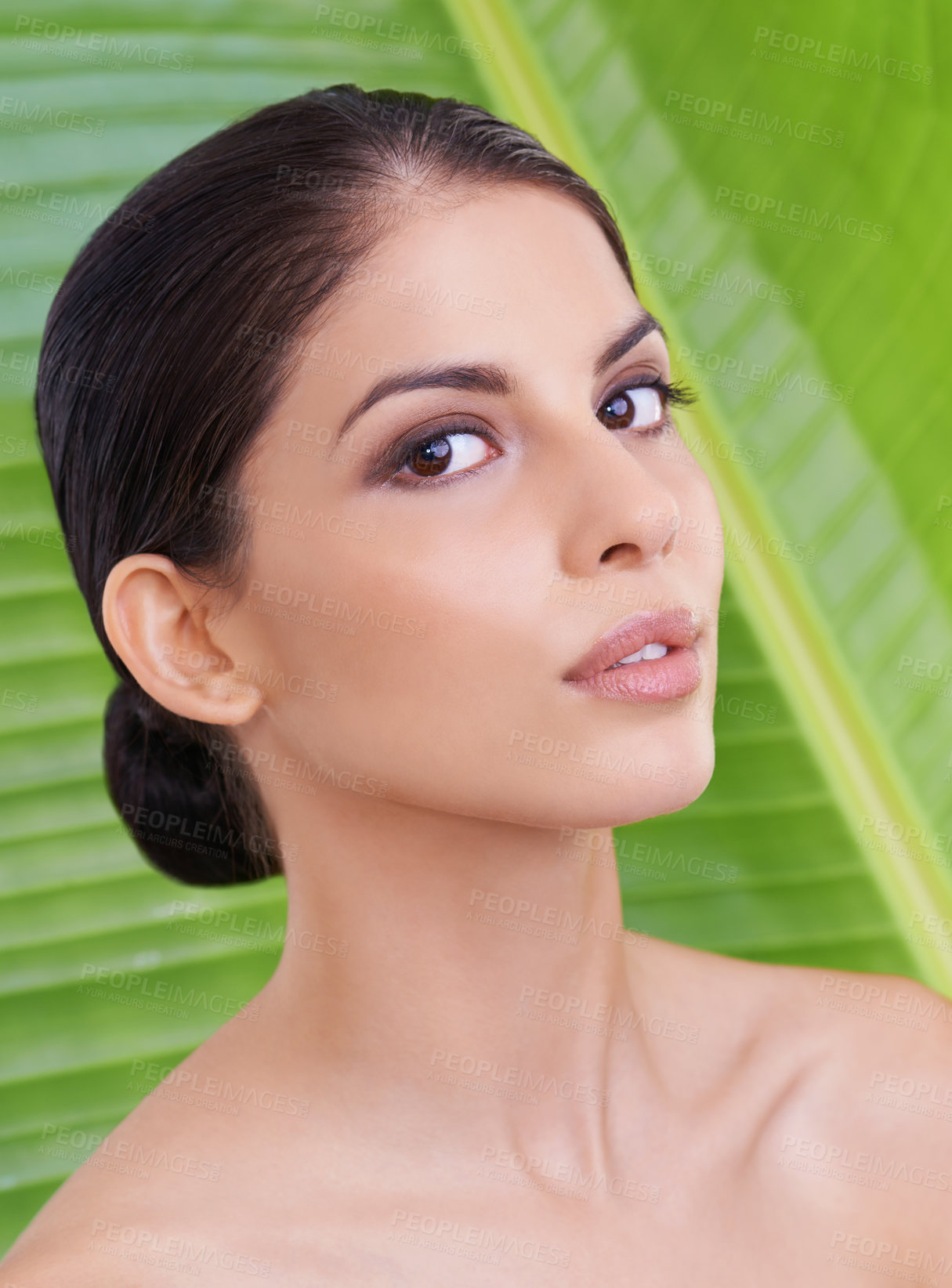 Buy stock photo Nature, woman and beauty with palm leaf background, makeup and natural skincare with dermatology. Organic, face and eco friendly cosmetics in portrait, clean with wellness and sustainable treatment