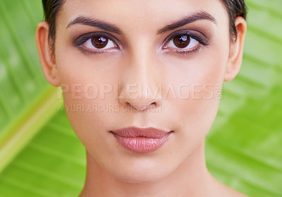 Buy stock photo Face, woman and beauty with palm leaf background, makeup and natural skincare with dermatology. Organic, nature and eco friendly cosmetics in portrait, clean with wellness and sustainable treatment