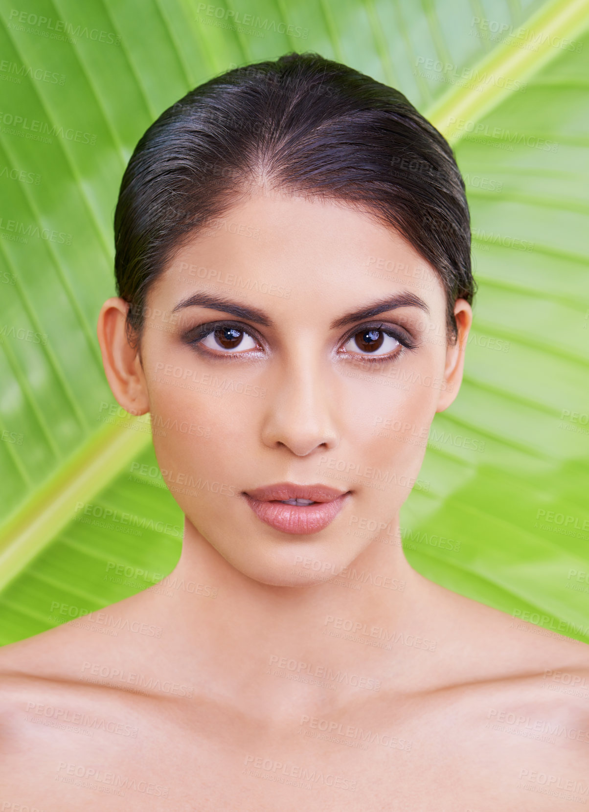 Buy stock photo Skin, woman and beauty with palm leaf background, makeup and natural skincare with dermatology. Organic, nature and eco friendly cosmetics in portrait, clean with wellness and sustainable treatment
