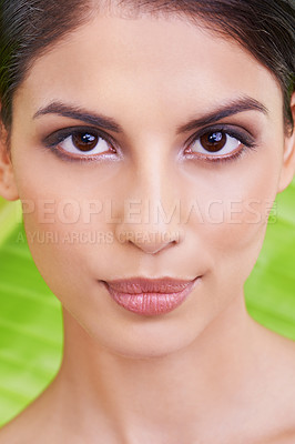 Buy stock photo Face closeup, woman and beauty with palm leaf background, makeup and natural skincare with dermatology. Organic, nature and eco cosmetics in portrait, clean with wellness and sustainable treatment