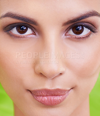 Buy stock photo Portrait, closeup of woman and beauty with palm leaf background, makeup and natural skincare for dermatology. Organic, nature and eco friendly cosmetics, clean with wellness and sustainable treatment