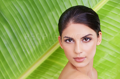 Buy stock photo Studio portrait of a beautiful young woman posing in front of a leaf