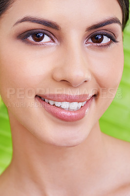 Buy stock photo Face, happy woman and beauty with palm leaf background, makeup and natural skincare with dermatology. Organic, nature and eco cosmetics in portrait, clean with wellness and sustainable treatment