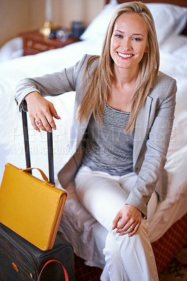 Buy stock photo Luggage, business and portrait of happy woman in hotel for work trip, global conference or hospitality. Accommodation, professional worker and person with suitcase in bedroom for career, work and job
