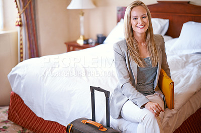 Buy stock photo Portrait of a beautiful businesswoman in her hotel room