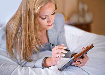 Buy stock photo Business, woman and technology on bed with planning for corporate research, digital tablet and work schedule. Professional, person and touchscreen for writing review notes or internet search in hotel
