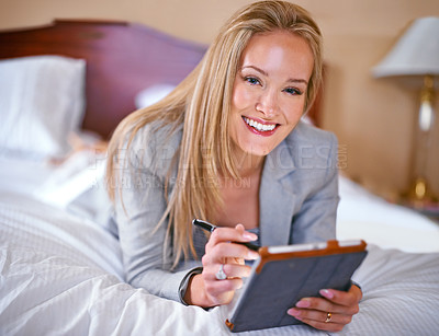 Buy stock photo Hotel, tablet and portrait of business woman online for website, social media and networking. Professional, bedroom and happy person on digital tech for contact, research and internet on work trip