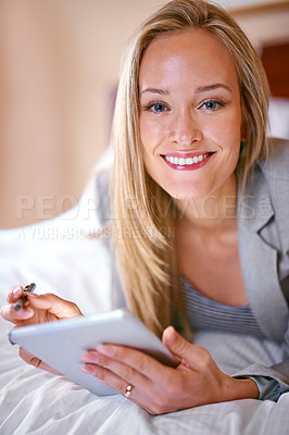 Buy stock photo Business, woman and tablet on bed with portrait for corporate planning, digital technology and work research. Professional, person and touchscreen for writing review notes or internet search in hotel