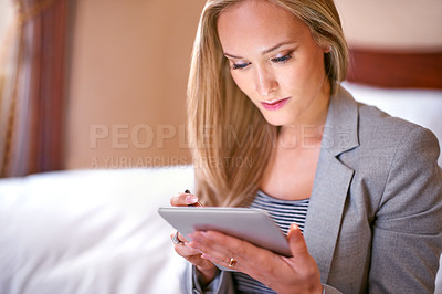 Buy stock photo Business woman, tablet and hotel room with planning and working for conference with travel. Technology, bed and hospitality with reading, attorney brief and online email of a law professional on trip