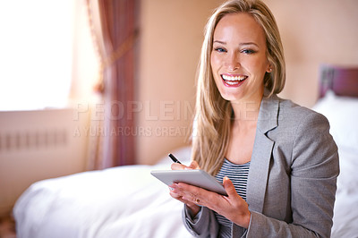 Buy stock photo Business woman, tablet and portrait in hotel room with planning and working for conference with travel. Technology, bed and employee with smile, attorney brief and online email of a law professional