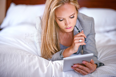 Buy stock photo Business, woman and technology on bed with planning for corporate schedule, digital tablet and work research. Professional, person and touchscreen for writing review notes or internet search in hotel