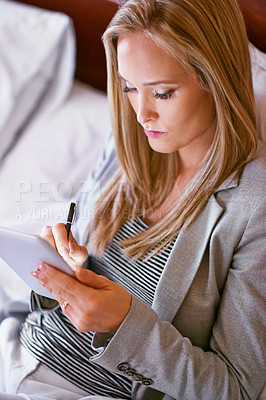Buy stock photo Business, woman and tablet in bedroom with planning for corporate research, digital technology and writing schedule. Professional, person and touchscreen for project review notes and internet search