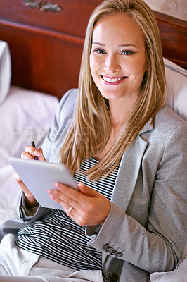 Buy stock photo Business, woman and technology on bed with portrait for corporate planning, digital tablet and work schedule. Professional, person and touchscreen for writing review notes or internet search in hotel