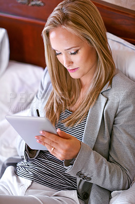 Buy stock photo Business, woman and technology on bed with research for corporate planning, digital tablet and work schedule. Professional, person and top view for writing review notes and internet search in hotel