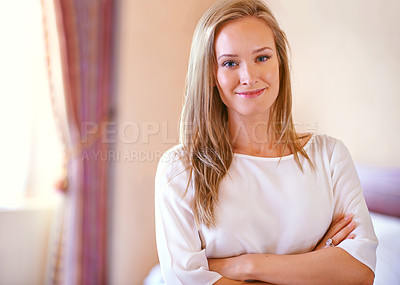 Buy stock photo Crossed arms, happy and portrait of woman in bedroom with happiness, confidence and pride in home. Fashion, beauty and face of person in house with casual style, trendy outfit and clothes on weekend