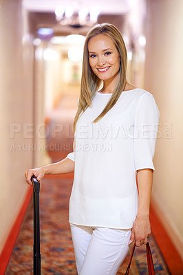 Buy stock photo Luggage, travel and portrait of woman in hotel for holiday, vacation and weekend in accommodation. Happy, fashion style and person with bag in resort, lodge or room for journey, trip and adventure