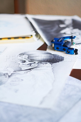 Buy stock photo Drawing, tattoo machine and ink design for artist service or professional project, identity or creativity. Illustration, pencil and sketch for cool skull picture in studio for original punk or rocker