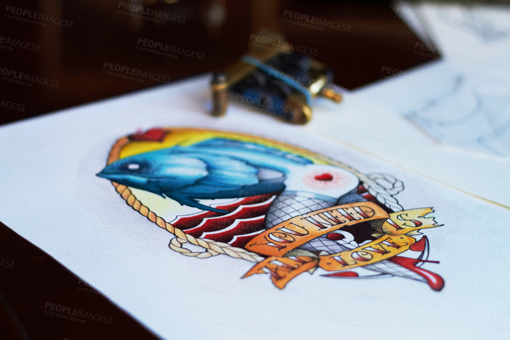 Buy stock photo Closeup of tattoo guns on a table