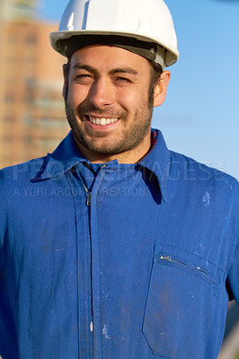 Buy stock photo Happy man, architect and portrait smile for construction, building or industrial architecture in the city. Male person, engineer or contractor smiling with hard hat for safety in maintenance on site