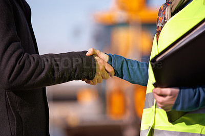 Buy stock photo Construction site, handshake and people in industry partnership, thank you and success or engineering deal. B2b, building contractor and architecture meeting of business person shaking hands closeup