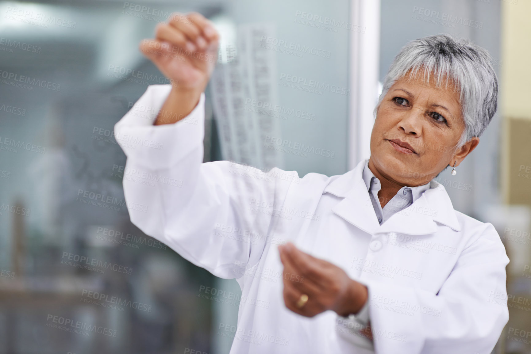 Buy stock photo Mature woman, scientist and dna print or pattern with result at lab for data, forensic and analyze for healthcare. Female person, genome research and science study as medical expert to review 