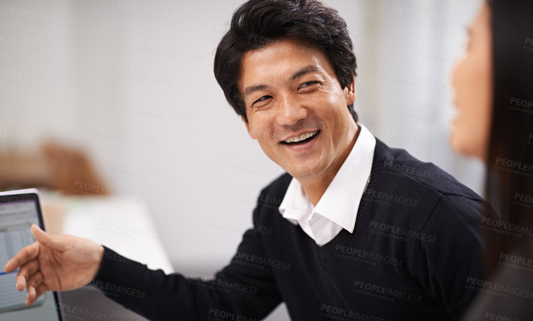 Buy stock photo Young, asian business people or smile in communication for collaboration or computer for online research on project. Japanese man, woman or happy together in office or web development in workplace