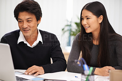 Buy stock photo Work, cooperation and people in collaboration with laptop in Japanese startup with teamwork. Project, discussion and happy partnership in process on computer with conversation of planning development