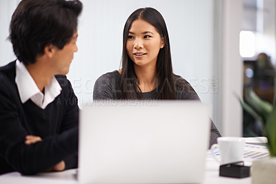 Buy stock photo Young, asian business people or happy in communication for collaboration or laptop for online research on project. Japanese man, woman or working together in office or web development in workplace
