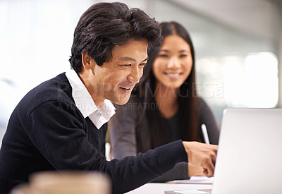 Buy stock photo Japanese people, laptop and working in a office with business staff and corporate team. Management, tech and internet research for company project at a startup with consulting firm with planning
