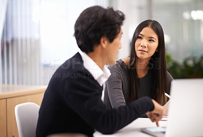 Buy stock photo Business people, conversation and working in a office with Japanese staff and corporate team. Management, tech and internet research for company project at startup with consulting firm with planning