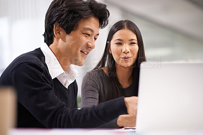 Buy stock photo Laptop, asian business people and happy for teamwork on technology and online research on project. Japanese man, woman and working together in office in collaboration and web developer by computer