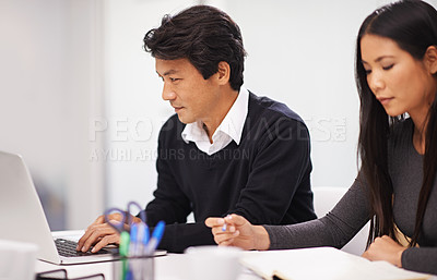 Buy stock photo Work, cooperation and people in collaboration with laptop in Japanese startup with teamwork. Planning, project and development in Tokyo office with team in process on computer with research and notes