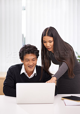 Buy stock photo Business people, laptop and teamwork in a office with Japanese staff and corporate employee. Advice, tech and internet research for company project at a startup with consulting firm with planning