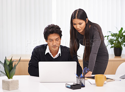 Buy stock photo Japanese people, laptop and teamwork working in a office with desk and corporate staff. Advice, tech and internet research for company project at a startup with consulting firm with planning