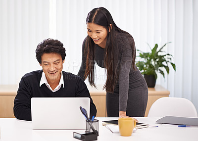 Buy stock photo Mentor, help and teamwork on laptop in office with businessman learning from support of woman. Happy, manager and training asian man on computer with advice in collaboration or reading research