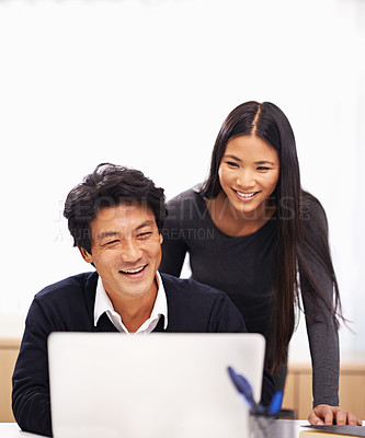 Buy stock photo Happy, cooperation and teamwork on laptop in office with businessman learning from support of woman. Feedback, advice and manager training asian man on computer in collaboration and reading email